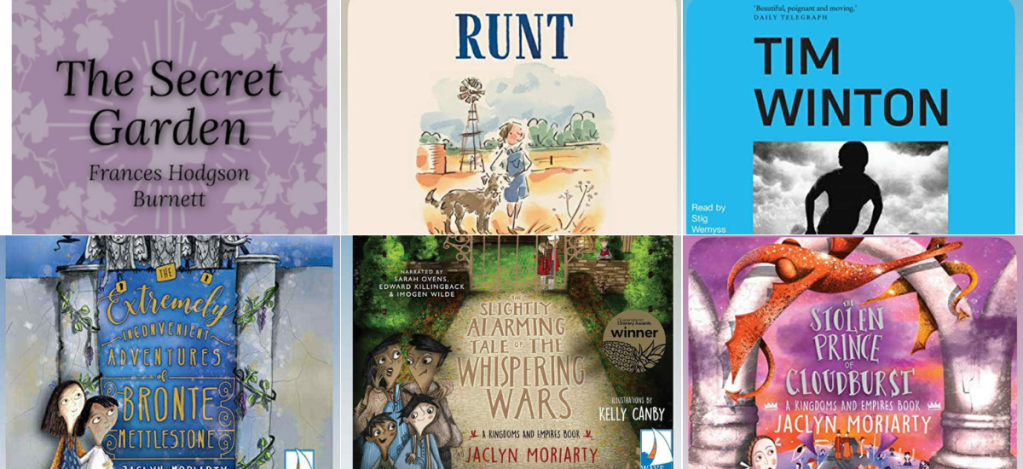 Collage of six children's and young adult book covers featuring titles by Frances Hodgson Burnett, Craig Silvey, Tim Winton, and Jaclyn Moriarty, including 'The Secret Garden', 'Runt', and 'The Stolen Prince of Cloudburst'.